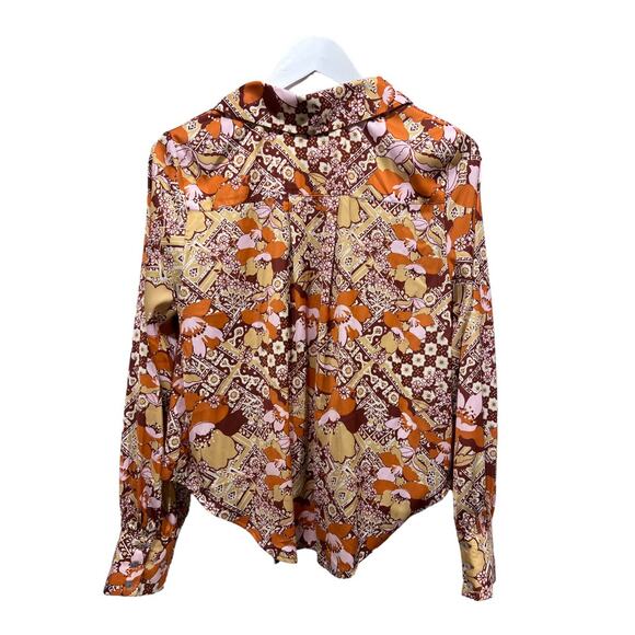 Free People Top Womens XS Satin Warm Tone Floral Print U-Neck Collared Blouse - Picture 4 of 13